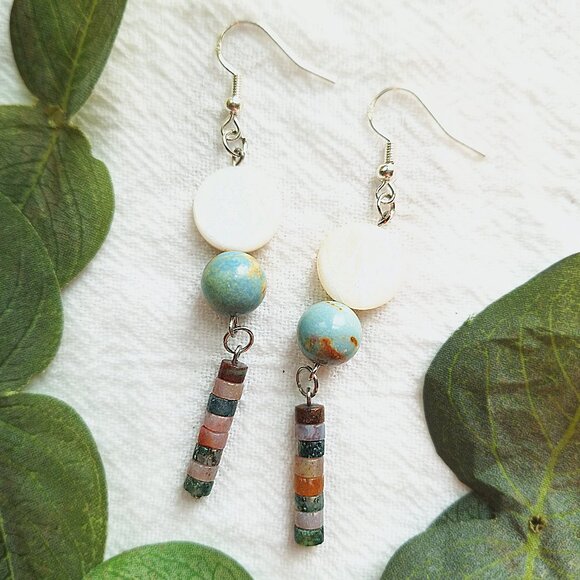 Mother of Pearl & Jasper Earrings – Coastal Boho Dangle Earrings, Handmade - Picture 1 of 10